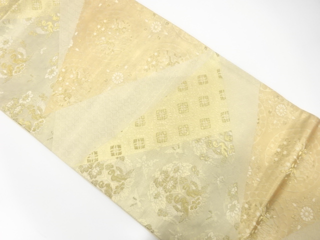 切り嵌め風獅子狩文に向かい鳥・草花模様織出し袋帯